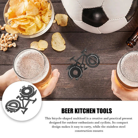 Compact Bicycle Shaped Multitool Keychain For Men next to snacks and drinks on a table