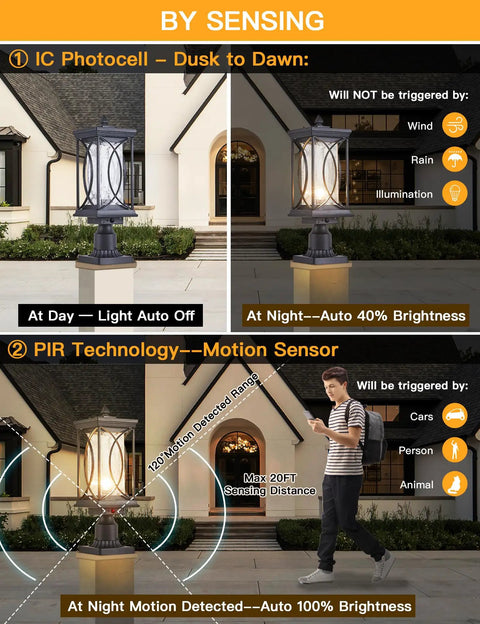 Diagram showing No Brainer Outdoor Post Lantern with PIR motion sensor and dusk-to-dawn sensor illuminating at night.