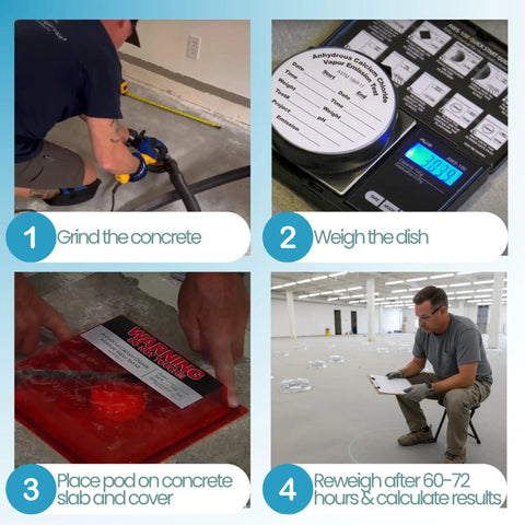 Four-step process using Calcium Chloride Moisture Test Kit For Concrete Slabs Pro Grade Moisture Vapor Emission Testing That Meets ASTM F1869 Standards No Expiration Date Keeps Floors From Adhesive Failures Warping Or Mold For Flooring And Coatings Single Unit.