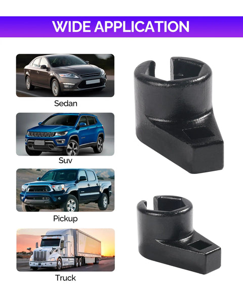Universal Low Profile Offset Oxygen Sensor Socket With Wire Gate Side Access shown with sedan, SUV, pickup, truck