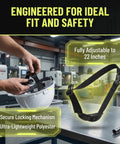 Six Pack Built Tough Hard Hat Chin Straps 22 Inch Adjustable Universal Polyester Harness showing secure locking mechanism and fit.