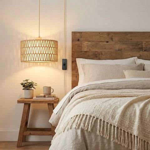 Handcrafted Boho Plug In Pendant Light With Artisan Woven Shade, Easy Three Way Switch, Extended Cord For Serious Chill Living Room Aura And Definitely Solid Decor Flex Year Round hanging over a bed.