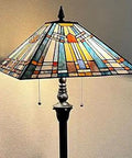 Tiffany Style Floor Lamp With Stained Glass Shade Vintage Antique Look Double Light Standing Lamp For Living Room And Bedroom 63 Inches Tall By 16 Inches Wide Chain Pull On Off With Bronze Resin Base.