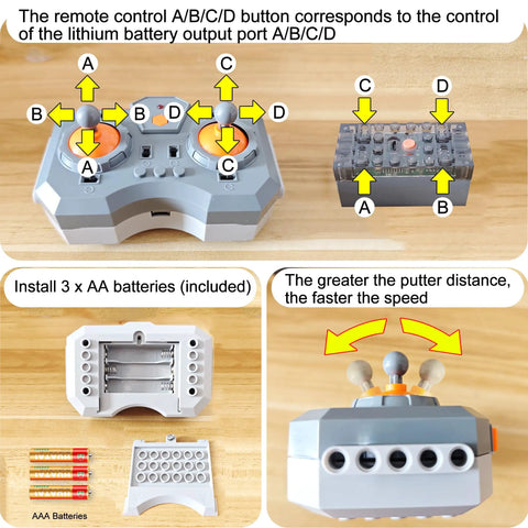 Power Functions 12 In 1 High-Speed L Servo Motor Kit With 4 Channel Remote instructions and battery installation guide.
