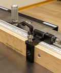 Beefy Precision Miter Gauge For Table Saws Featuring Heavy Duty Anodized Aluminum Construction With Adjustable Fence And Tight Micro Adjuster Setup For Dead Straight Woodworking Cuts Every Time on a table saw