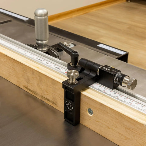 Beefy Precision Miter Gauge For Table Saws Featuring Heavy Duty Anodized Aluminum Construction With Adjustable Fence And Tight Micro Adjuster Setup For Dead Straight Woodworking Cuts Every Time on a table saw