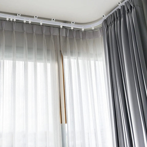 Bendable Ceiling Curtain Track System for Bay Windows and Room Dividers Flexible Curtain Rail Cut To Length White 9.8 Ft Easy DIY Install No Tools Required Ideal for Bunk Beds and Odd Shaped Windows on a curved bay window ceiling