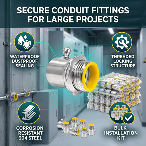Solid As A Rock 3/4 Inch Emt Conduit Connectors 25 Pack Zinc Plated Set Screw Fittings showcased with waterproof sealing and bulk kit.