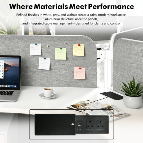 Tackle The Daily Grind With This Three Person Collaborative Office Workstation White Commercial Cubicle Desk Featuring Built In Power Outlets Locking Mobile Storage Privacy Panels For Effortless Team Flow, featuring acoustic panels and cable management.