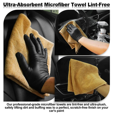 Person uses ultra-absorbent microfiber cloth from All In One Car Interior Cleaning Kit With Horse Hair Leather Brush, Long Bristle Detailing Brushes, Microfiber Cloths And Applicator, Pro Grade Interior Detailing Supplies For Leather, Fabric And Trim, wiping dashboard clean.