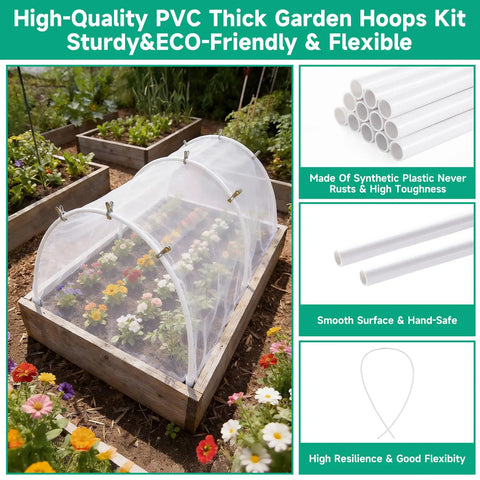 PVC Garden Hoops For Raised Beds Kit With 36 Adjustable Greenhouse Frames And 20 Clips Rust Free Grow Tunnel Plant Support DIY Frame For Shade Cloth Netting And Frost Protection