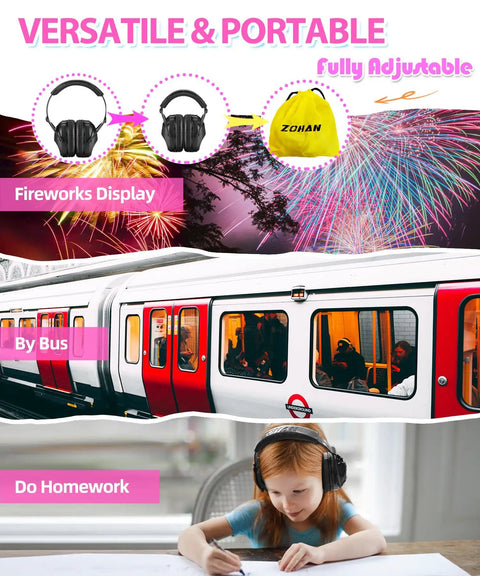 Kids Noise Canceling Ear Protection 2 Pack For Concerts Fireworks And Football Games Autism Friendly Ear Muffs image with fireworks, train, and child studying.