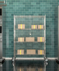 Heavy Duty Chrome Wire Mesh Rolling Security Cage Rock Solid Mobile Storage Locker NSF Certified 48X18X70 Inch in kitchen.