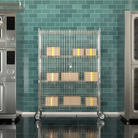 Heavy Duty Chrome Wire Mesh Rolling Security Cage Rock Solid Mobile Storage Locker NSF Certified 48X18X70 Inch in kitchen.
