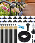All In One 360 Degree Adjustable Drip Irrigation System With Fifty Foot Hose And Fifteen Nozzles For Lawn Garden Plants Five Sixteenths Inch Flow To The Far End No More Dry Spots Greenhouse Yard Care Kit Easy Install components displayed.