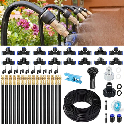 All In One 360 Degree Adjustable Drip Irrigation System With Fifty Foot Hose And Fifteen Nozzles For Lawn Garden Plants Five Sixteenths Inch Flow To The Far End No More Dry Spots Greenhouse Yard Care Kit Easy Install components displayed.