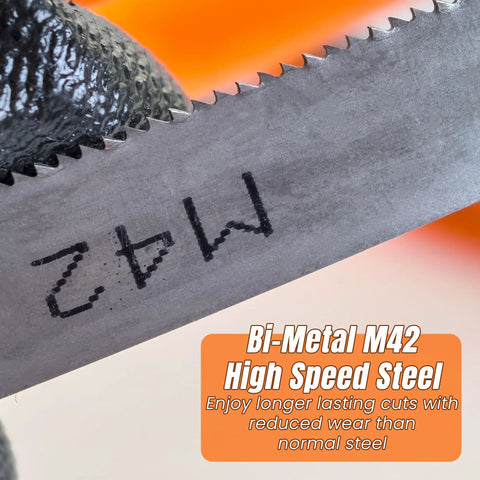 Close-up of Bi-Metal M42 High Speed Steel band saw blade for metal cutting, showing teeth and M42 marking.