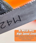 Close-up of Bi-Metal M42 high speed steel bandsaw blade for metal cutting, showing sharp teeth and durable construction.