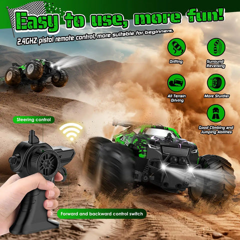 Person holding remote controlling All Terrain Remote Control Off Road Truck For Kids 1 To 20 Scale, 10 Km Per Hour, LED Lights