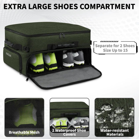 Golf Trunk Organizer With Dual Shoe Compartments Up To Size 15 Car Locker For Balls Tees Clothes Gloves Accessories shown with shoe storage and features.