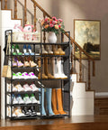 Front view of 7 Tier Metal Shoe Rack Organizer With Side Pockets And Hooks For Entryway Closet Bedroom And Garage in living space