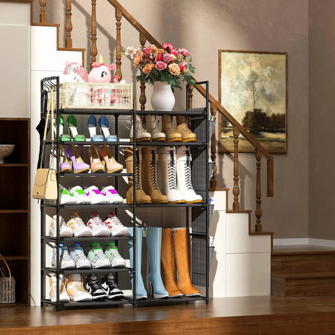 Front view of 7 Tier Metal Shoe Rack Organizer With Side Pockets And Hooks For Entryway Closet Bedroom And Garage in living space