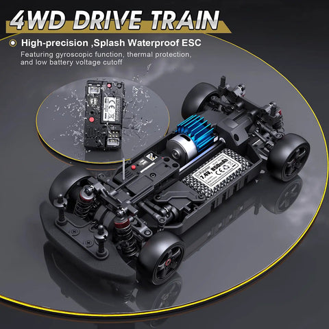 Bottom view of 1/18 Scale Drift RC Car With Gyro And 2.4GHz Remote 28 KmH Top Speed RTR 4x4 Electric Vehicle Dual Battery Pack.