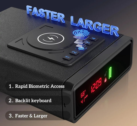 Biometric Gun Safe With Wireless Charging, 3 Quick Access Fingerprint Money Boxes, Compact Bedside Drawer Safe With 24 7 Digital Clock