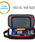 Open Large Pencil Case With Big Capacity Aesthetic Pen Pouch For Office Organizer showing contents like calculator and pens 