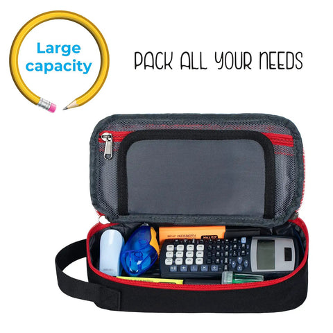 Open Large Pencil Case With Big Capacity Aesthetic Pen Pouch For Office Organizer showing contents like calculator and pens 