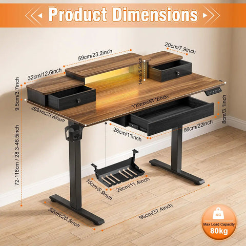 Diagram showing dimensions of the 48 Inch Electric Standing Desk With Ambient Led Lighting And Three Memory Presets Height Adjustable Sit Stand Worktable.