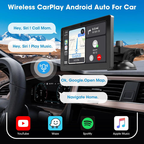 Wireless Apple CarPlay And Android Auto Portable Dash Screen With 9 Inch IPS Display showing GPS navigation on a car dashboard