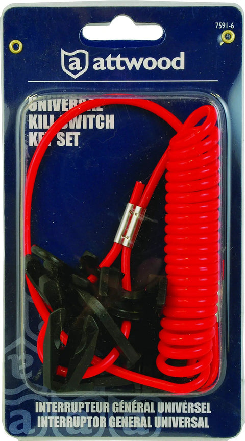 Universal Boat Kill Switch Key Set With Swivel Snap Hook And Coiled Lanyard, Seven Keys For Johnson Evinrude Mercury Yamaha Suzuki Tohatsu Honda Kill Switches, No-Fuss Rustproof Stainless Steel Crimps, Bright Red