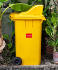 Trash Stickers 300 Pack 3x2 Inch Red Labels With Bold White TRASH For Bins In Home Office And Warehouse Glossy Paper Roll Easy Disposal Reminder Signage on yellow bin