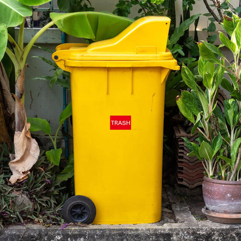 Trash Stickers 300 Pack 3x2 Inch Red Labels With Bold White TRASH For Bins In Home Office And Warehouse Glossy Paper Roll Easy Disposal Reminder Signage on yellow bin