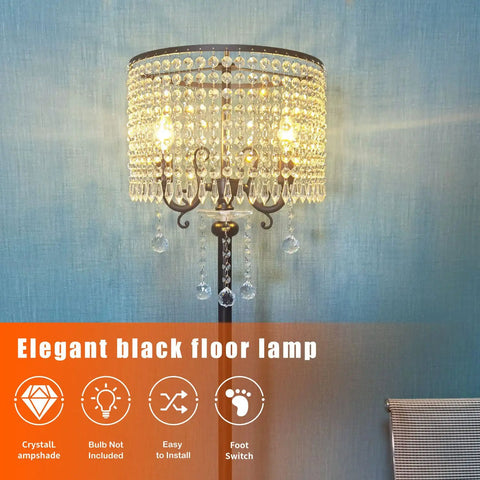 Crystal Floor Lamp With Modern Elegance In Classic Black For Living Room, Bedroom Or Office, sparkling crystal accents