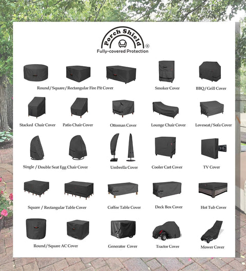 Image showing various outdoor furniture covers, including Heavy Duty Waterproof Fire Pit Cover For 36 Inch Round Fire Pit Bowl Fade Resistant 600D Durable Patio Shield To Protect Outdoor From Rain Sun And Snow.