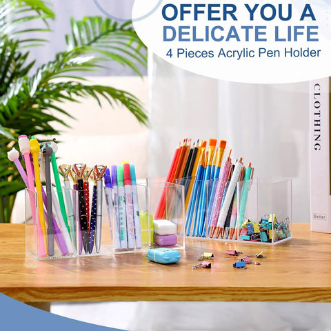 Clear Acrylic Desk Organizer Set 3 Pack With 4 Compartments Holds Pens Pencils Markers Rulers Makeup Brushes And Small Office Supplies