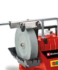 Built Tough Electric Wet Bench Grinder With High Speed Grinding Stone And Leather Honing Wheel For Crisp Knife Sharpening And Flawless Metal Polishing Around Town, showing close-up of grinding stone with metal frame.