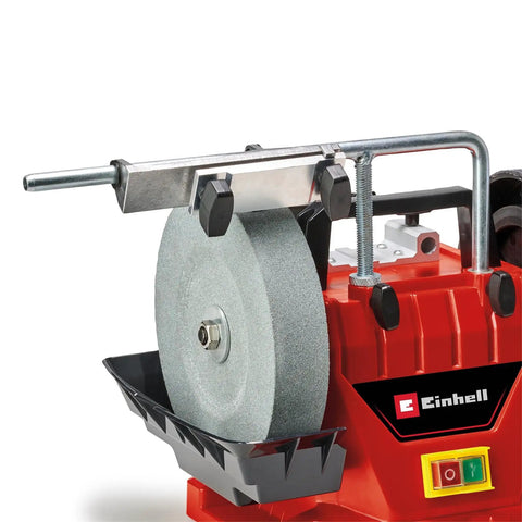 Built Tough Electric Wet Bench Grinder With High Speed Grinding Stone And Leather Honing Wheel For Crisp Knife Sharpening And Flawless Metal Polishing Around Town, showing close-up of grinding stone with metal frame.