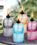 Glass Tabletop Torch Set Four Pack For Outdoor Use With 13.5 Oz Citronella Fuel, Refillable Flame Torches With Wicks And Covers