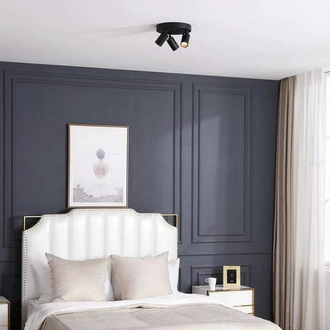 Shura Round 3-Light Integrated LED Ceiling Fixture With Rotatable Heads White Flush Mount 3000K 1365 Lumens in modern bedroom