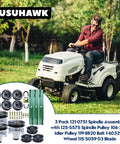 Man riding lawn mower with illustration of Three Pack Spindle Assembly Kit With Spindle Pulley Idler Pulley And Half Inch By 142 Blades For Toro TimeCutter 50 Inch MX5060 SS5000 Mower Decks Replaces 139-3214 125-5575 106-2175 115-5059-03 119-8820
