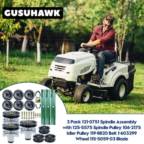 Man riding lawn mower with illustration of Three Pack Spindle Assembly Kit With Spindle Pulley Idler Pulley And Half Inch By 142 Blades For Toro TimeCutter 50 Inch MX5060 SS5000 Mower Decks Replaces 139-3214 125-5575 106-2175 115-5059-03 119-8820