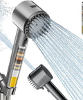 Filtered Shower Head With Handheld, Four In One Spray Modes, Built In Filter For Hard Water, Chlorine Removal And Power Wash, Helps Relieve Dry And Itchy Skin, Matte Gray showing water spray and filter cartridge close-up.
