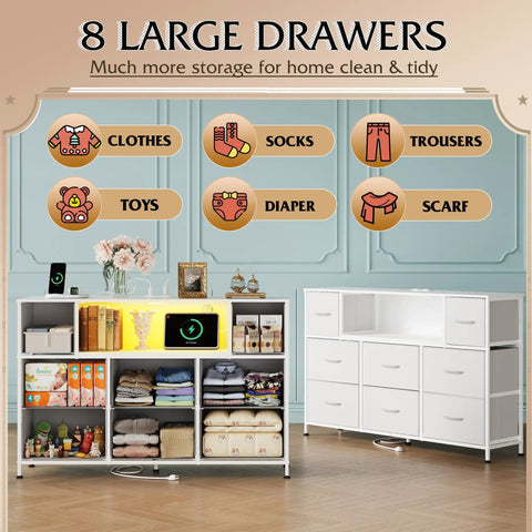 White Dresser TV Stand LED 8 Drawers Charging ✓