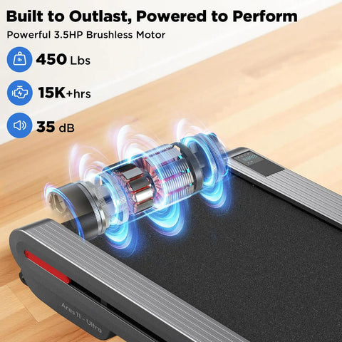 Ultra Quiet Under Desk Treadmill With Auto Incline 12 To 20 Percent 3.0 To 3.5 HP Brushless Motor 18 Inch Wide Deck Heavy Duty 450 Lb Capacity Vertical Storage Ideal For Home Office Workouts showcasing motor details