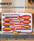 Top Shelf 7 Piece Insulated Screwdriver Set With 1000V Voltage Tester in a compact storage case for home wiring and appliance repairs.