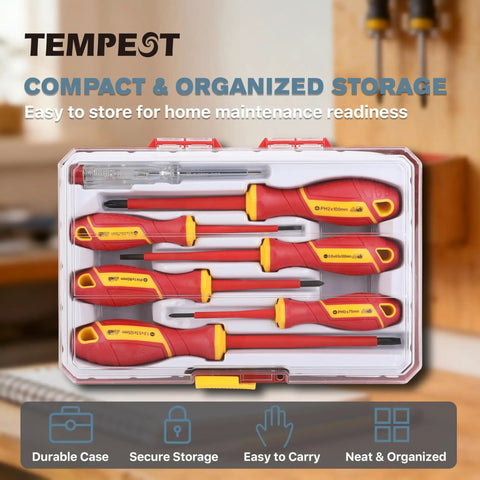 Top Shelf 7 Piece Insulated Screwdriver Set With 1000V Voltage Tester in a compact storage case for home wiring and appliance repairs.