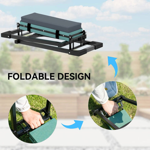 Foldable design of 330 Pound Heavy Duty Garden Kneeler And Seat With Foldable Frame Extendable Legs Thick Kneeling Pad Large Tool Pouch Must Have Sit Or Kneel Stool For Gardeners Seniors Women And Men